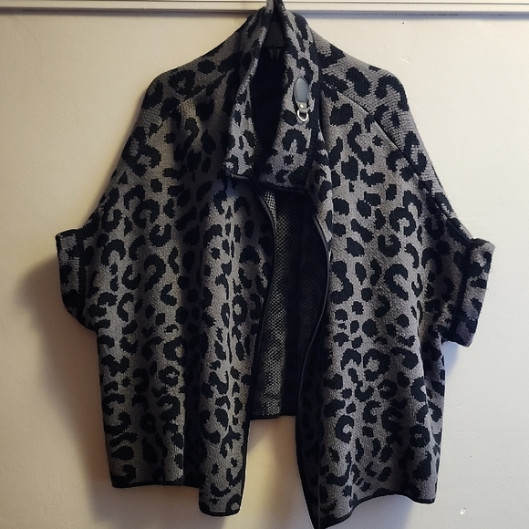 Black and Gray Animal Print Cape with Draped Collar - Picture 1 of 6